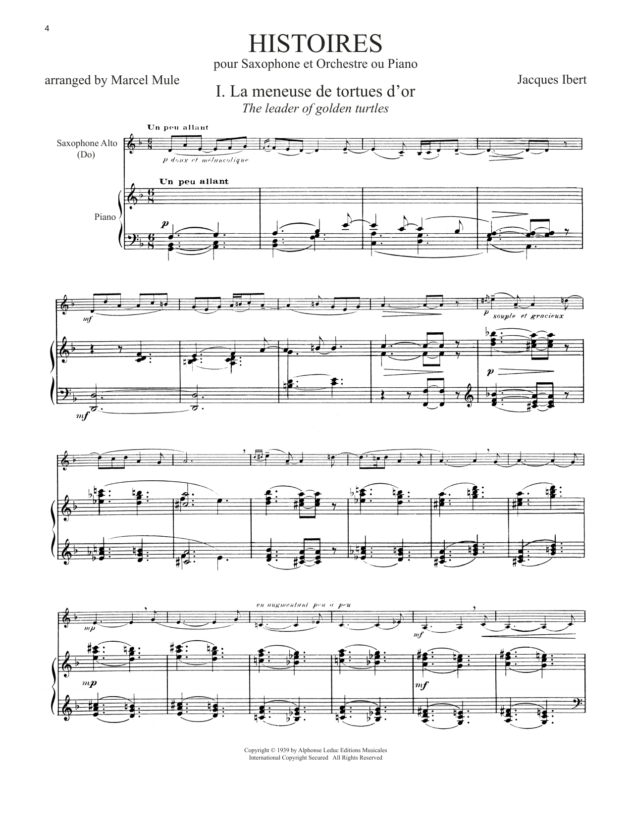 Download Jacques Ibert Histoires (arr. Marcel Mule) Sheet Music and learn how to play Alto Sax and Piano PDF digital score in minutes