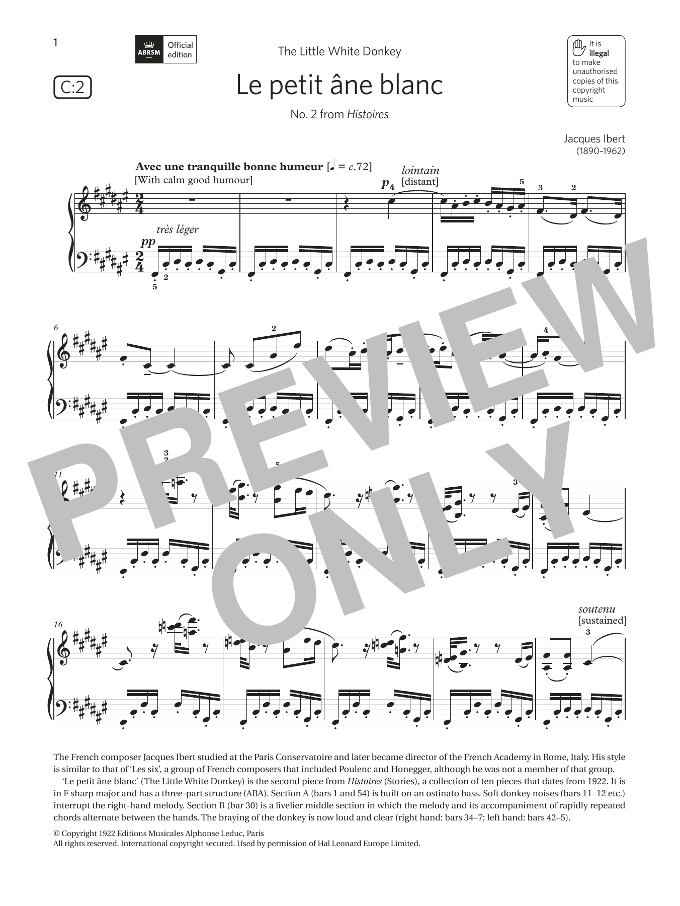 Download Jacques Ibert Le petit âne blanc (Grade 7, list C2, from the ABRSM Piano Syllabus 2021 & 2022 Sheet Music and learn how to play Piano Solo PDF digital score in minutes