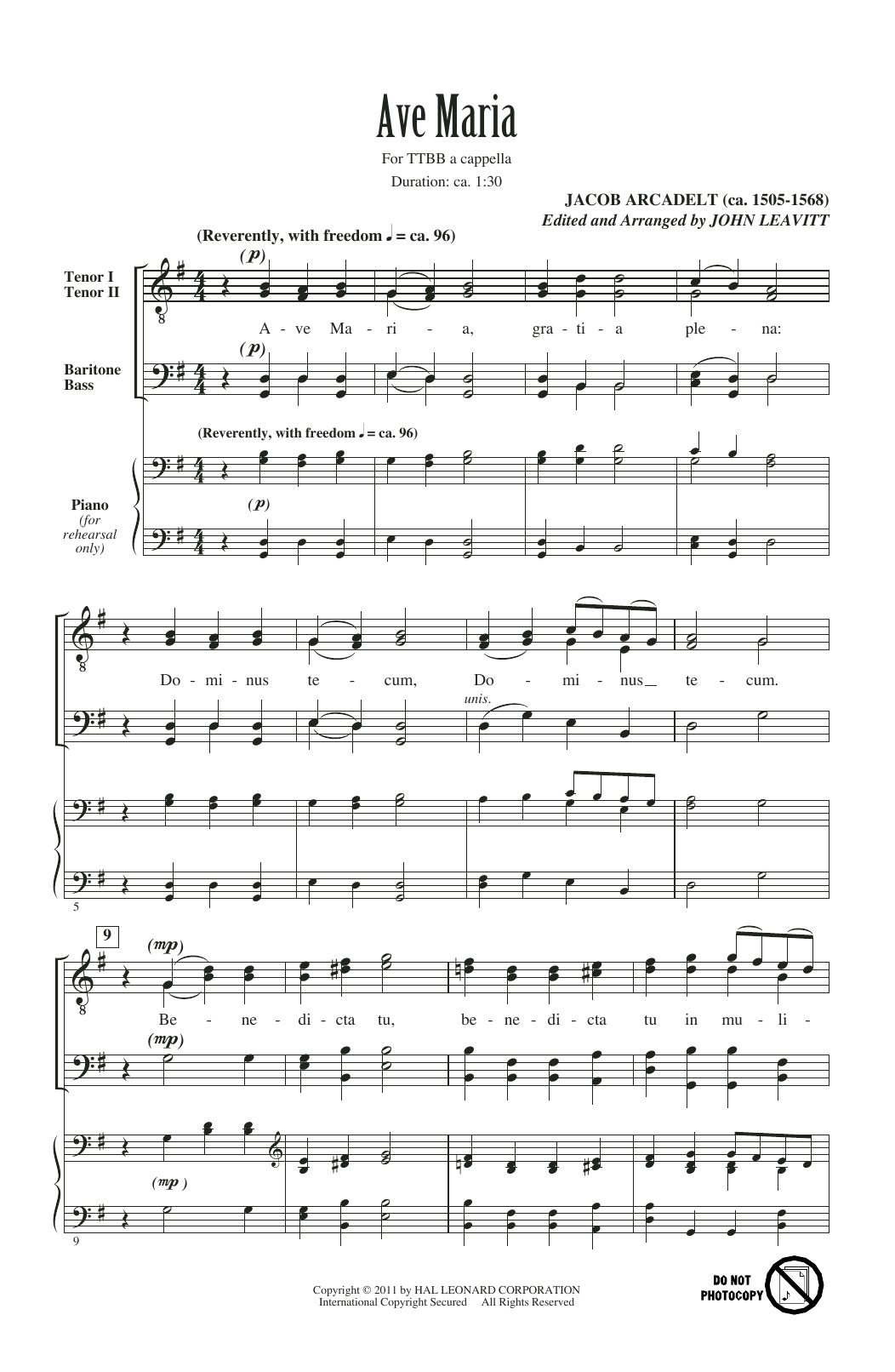 Download Jacob Arcadelt Ave Maria (arr. John Leavitt) Sheet Music and learn how to play TTBB Choir PDF digital score in minutes