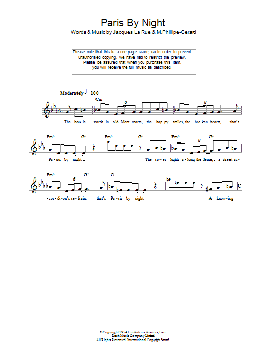 Download Jacques La Rue Paris By Night Sheet Music and learn how to play Melody Line, Lyrics & Chords PDF digital score in minutes