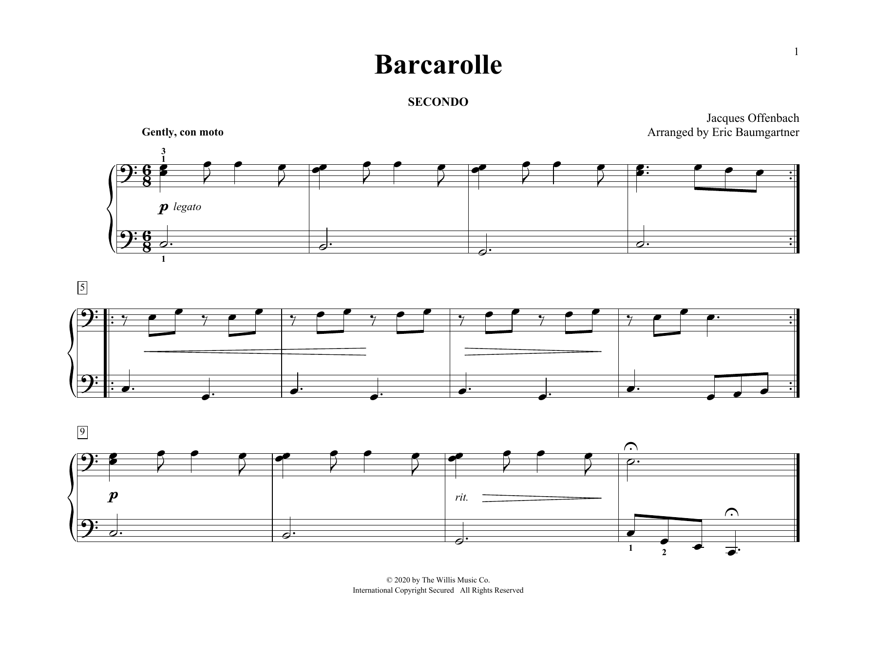 Download Jacques Offenbach Barcarolle (arr. Eric Baumgartner) Sheet Music and learn how to play Piano Duet PDF digital score in minutes