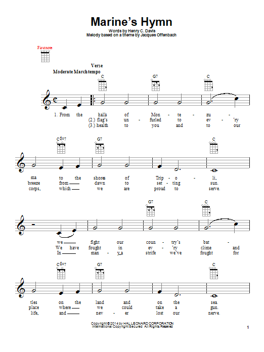 Download Jacques Offenbach Marine's Hymn Sheet Music and learn how to play Ukulele PDF digital score in minutes