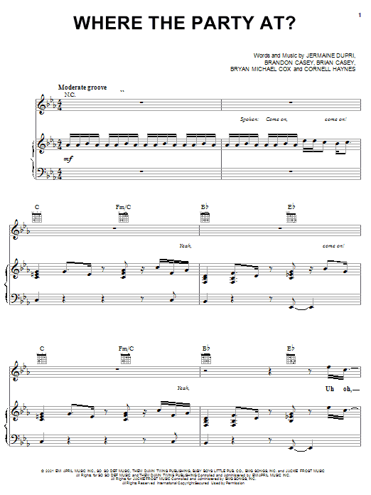 Download Jagged Edge and Nelly Where The Party At Sheet Music and learn how to play Piano, Vocal & Guitar (Right-Hand Melody) PDF digital score in minutes