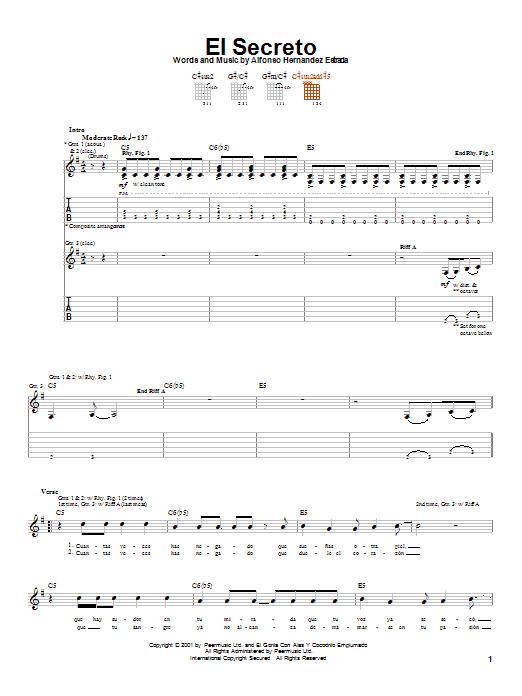 Download Jaguares El Secreto Sheet Music and learn how to play Guitar Tab PDF digital score in minutes