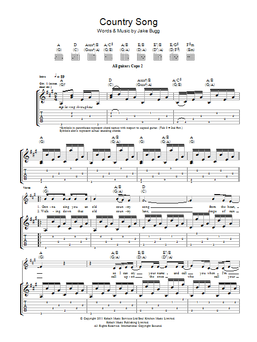 Download Jake Bugg Country Song Sheet Music and learn how to play Guitar Tab PDF digital score in minutes