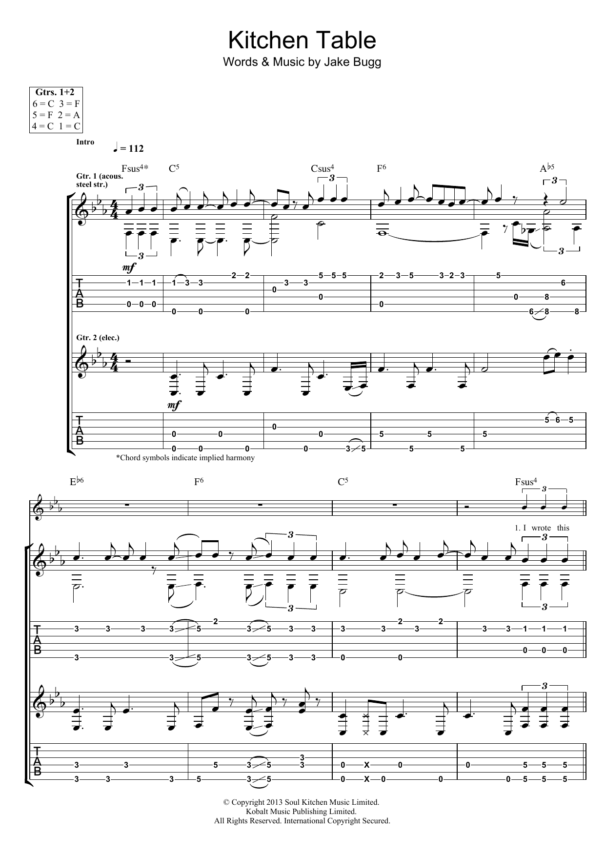 Download Jake Bugg Kitchen Table Sheet Music and learn how to play Guitar Tab PDF digital score in minutes