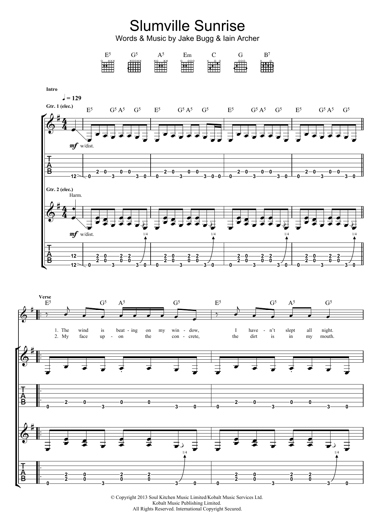 Download Jake Bugg Slumville Sunrise Sheet Music and learn how to play Guitar Tab PDF digital score in minutes