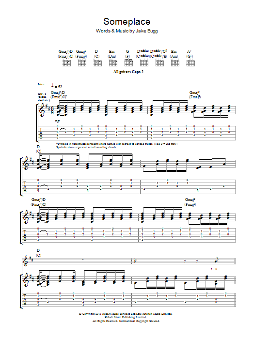 Download Jake Bugg Someplace Sheet Music and learn how to play Guitar Tab PDF digital score in minutes