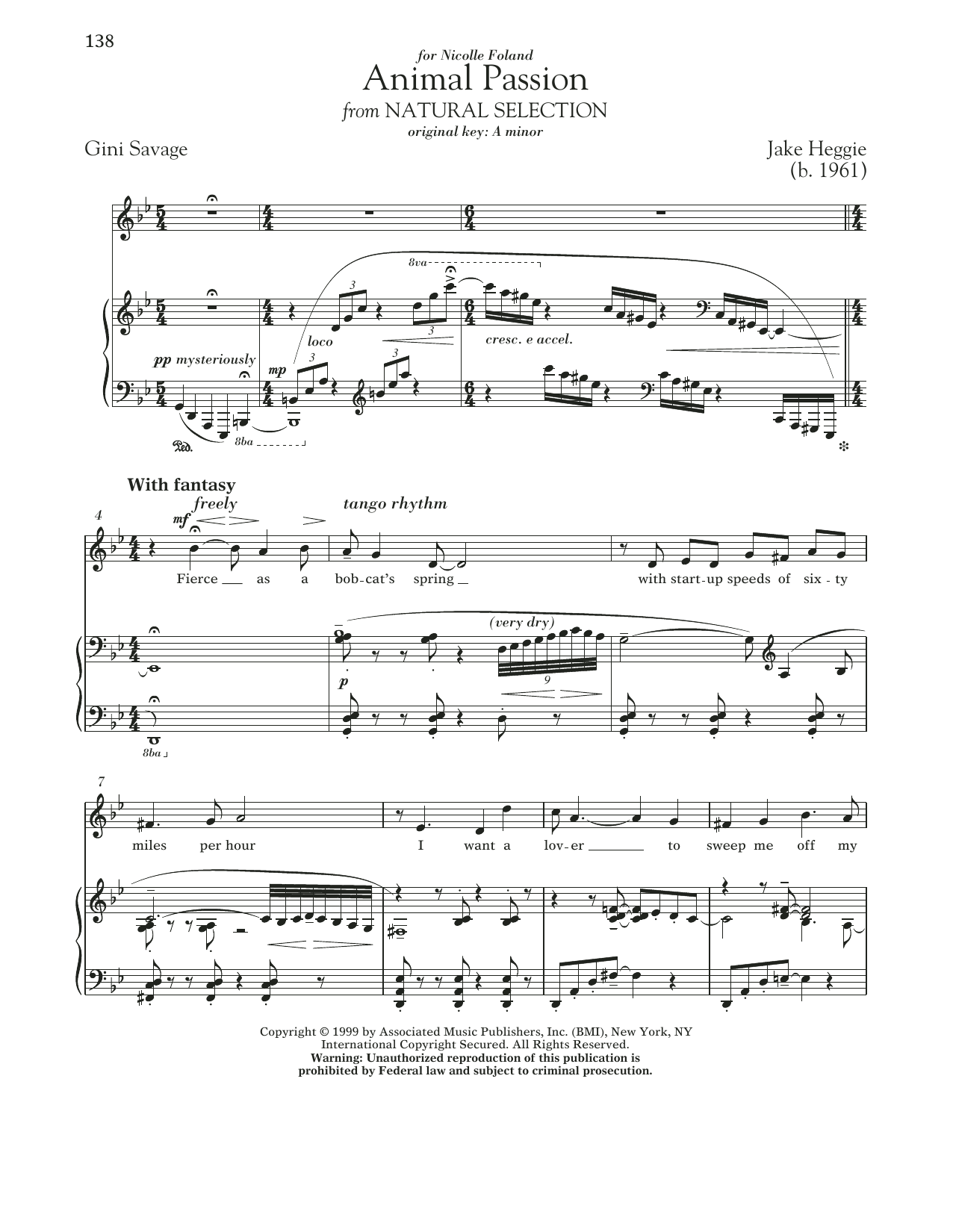 Download Jake Heggie Animal Passion Sheet Music and learn how to play Piano & Vocal PDF digital score in minutes