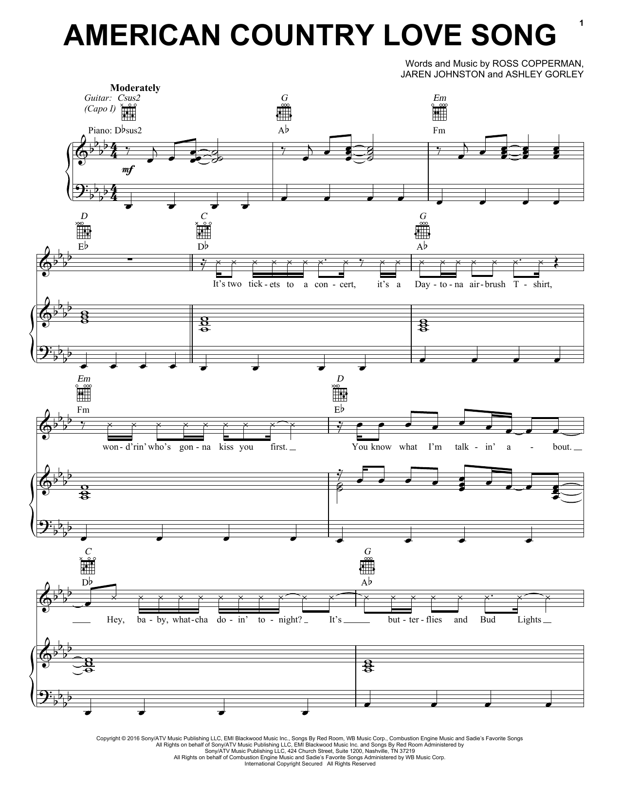 Download Jake Owen American Country Love Song Sheet Music and learn how to play Piano, Vocal & Guitar (Right-Hand Melody) PDF digital score in minutes