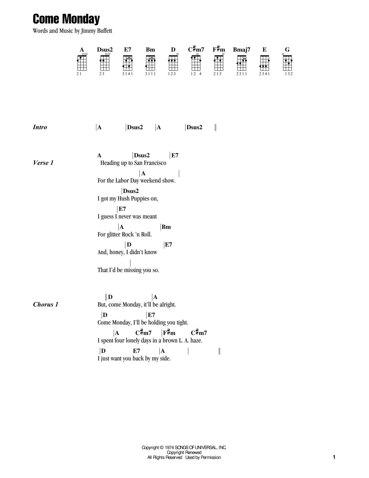 Download Jake Shimabukuro Come Monday (feat. Jimmy Buffet) Sheet Music and learn how to play Ukulele PDF digital score in minutes