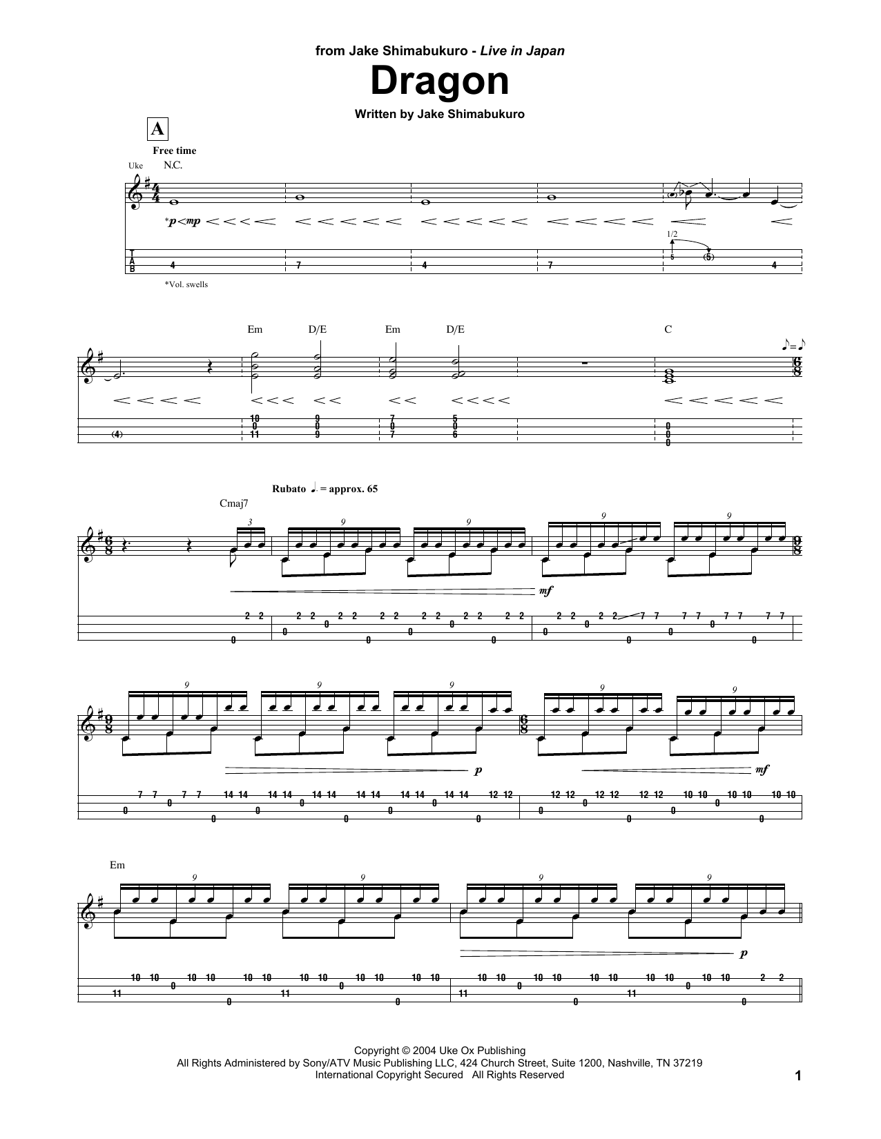 Download Jake Shimabukuro Dragon Sheet Music and learn how to play UKETAB PDF digital score in minutes
