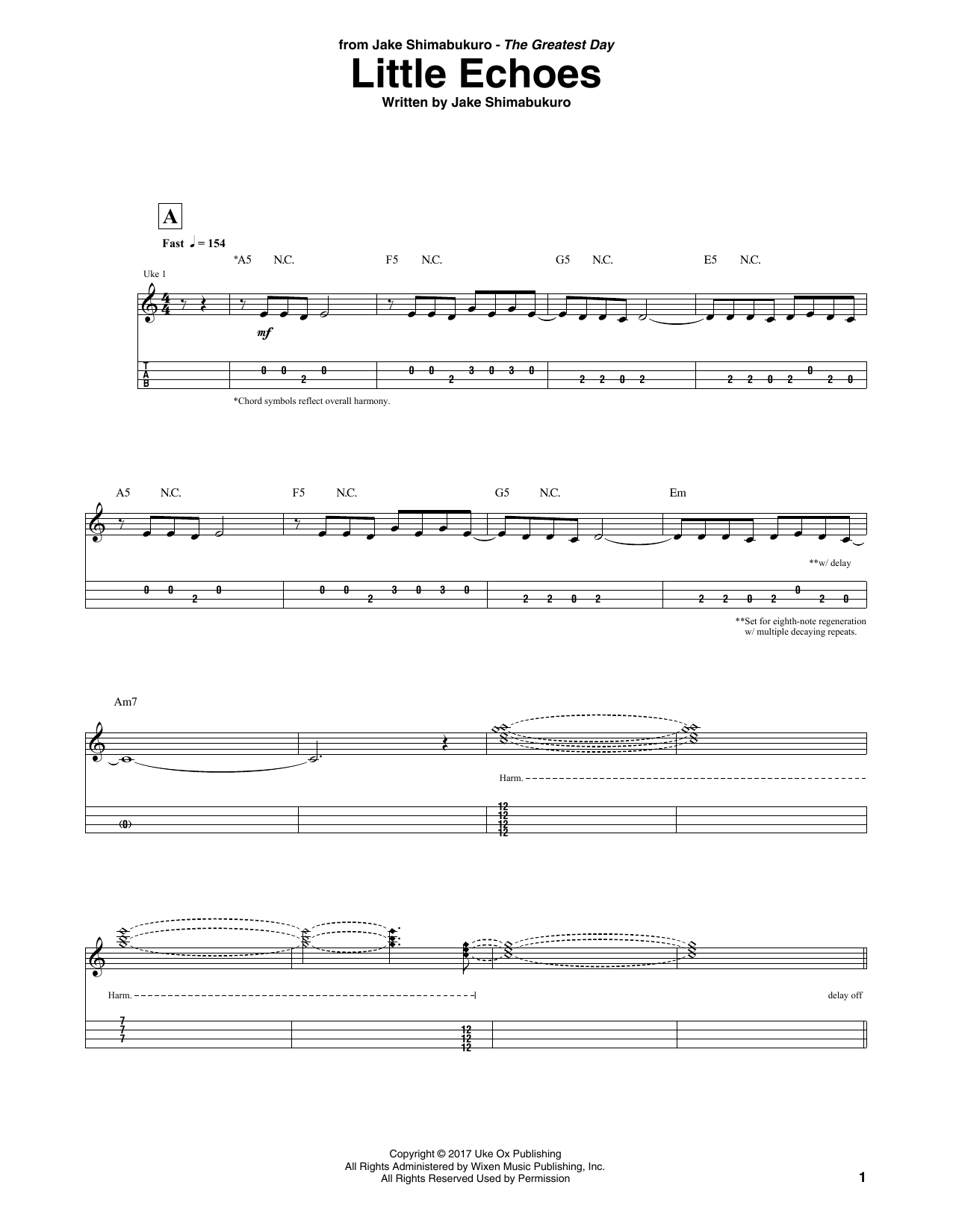 Download Jake Shimabukuro Little Echoes Sheet Music and learn how to play Ukulele Tab PDF digital score in minutes