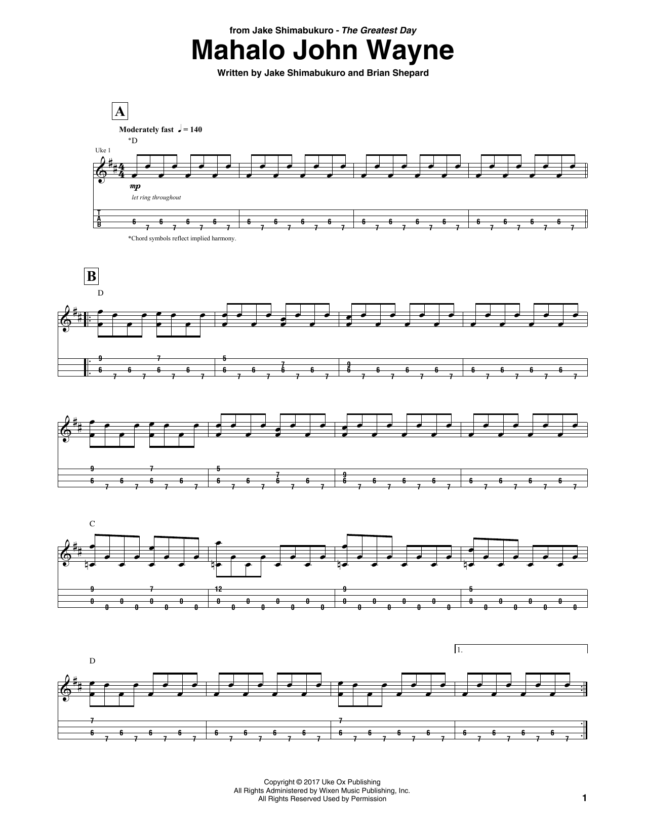 Download Jake Shimabukuro Mahalo John Wayne Sheet Music and learn how to play Ukulele Tab PDF digital score in minutes
