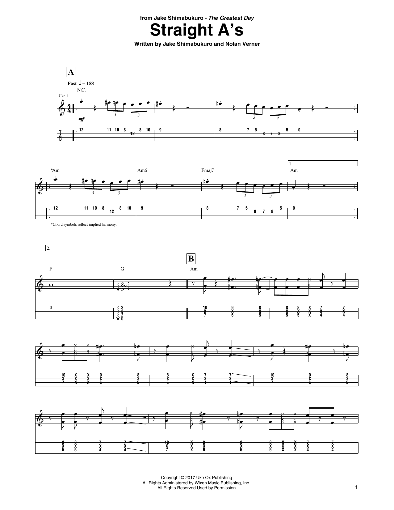 Download Jake Shimabukuro Straight A's Sheet Music and learn how to play Ukulele Tab PDF digital score in minutes
