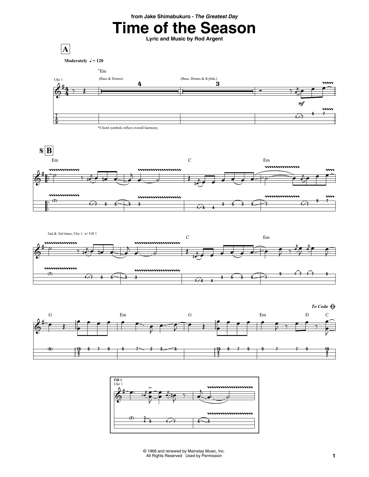 Download Jake Shimabukuro Time Of The Season Sheet Music and learn how to play Ukulele Tab PDF digital score in minutes