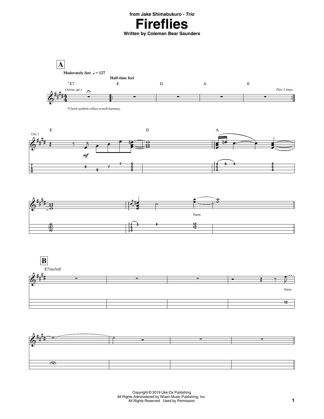 Download Jake Shimabukuro Trio Fireflies Sheet Music and learn how to play Ukulele Tab PDF digital score in minutes