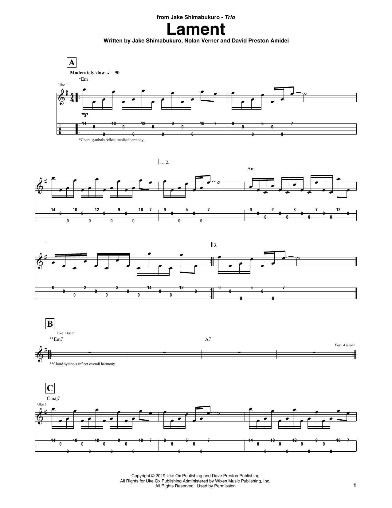 Download Jake Shimabukuro Trio Lament Sheet Music and learn how to play Ukulele Tab PDF digital score in minutes