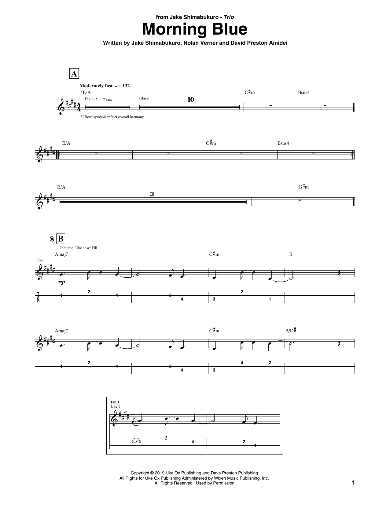 Download Jake Shimabukuro Trio Morning Blue Sheet Music and learn how to play Ukulele Tab PDF digital score in minutes