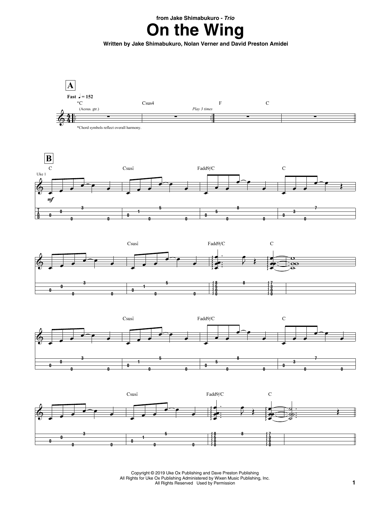 Download Jake Shimabukuro Trio On The Wing Sheet Music and learn how to play Ukulele Tab PDF digital score in minutes