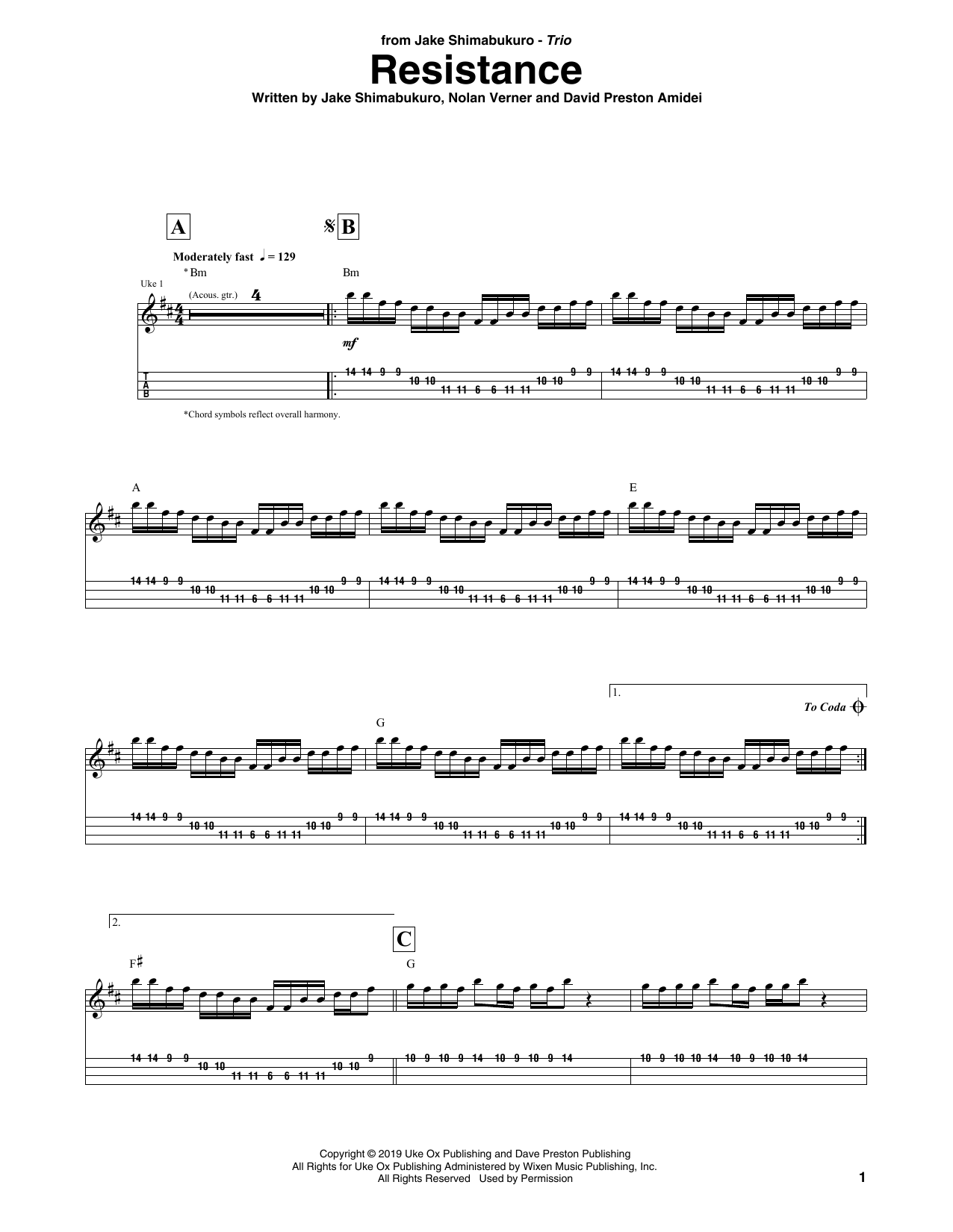 Download Jake Shimabukuro Trio Resistance Sheet Music and learn how to play Ukulele Tab PDF digital score in minutes