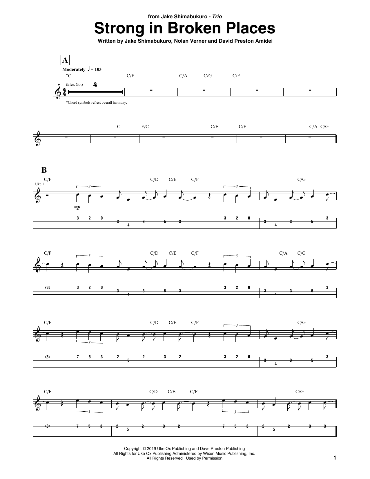 Download Jake Shimabukuro Trio Strong In Broken Places Sheet Music and learn how to play Ukulele Tab PDF digital score in minutes