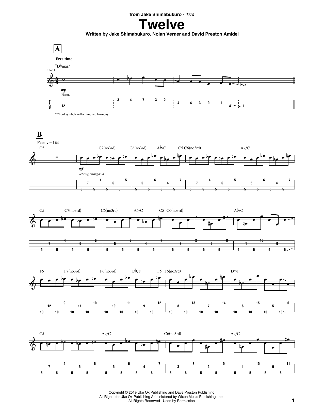 Download Jake Shimabukuro Trio Twelve Sheet Music and learn how to play Ukulele Tab PDF digital score in minutes