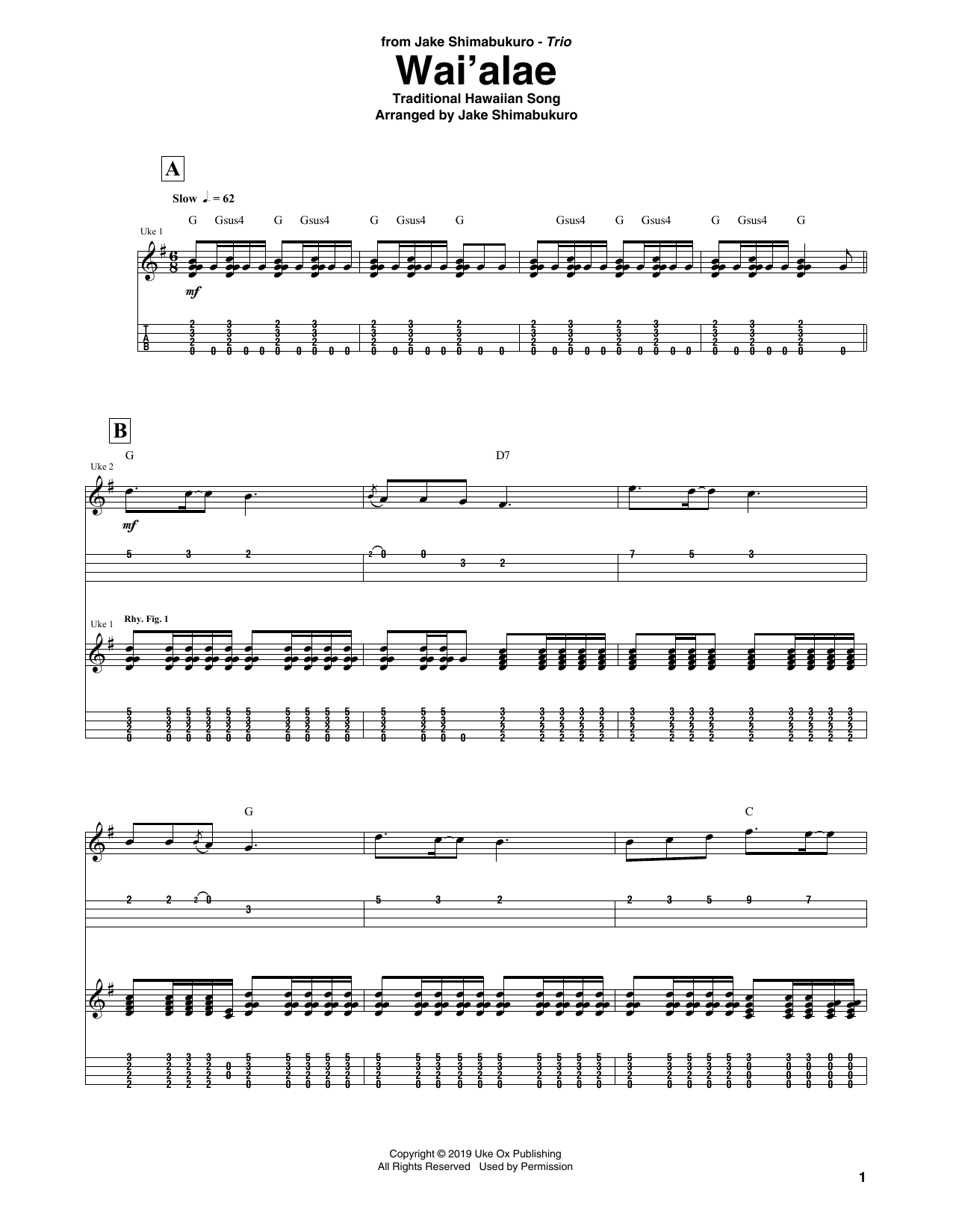 Download Jake Shimabukuro Trio Wai'alae Sheet Music and learn how to play Ukulele Tab PDF digital score in minutes