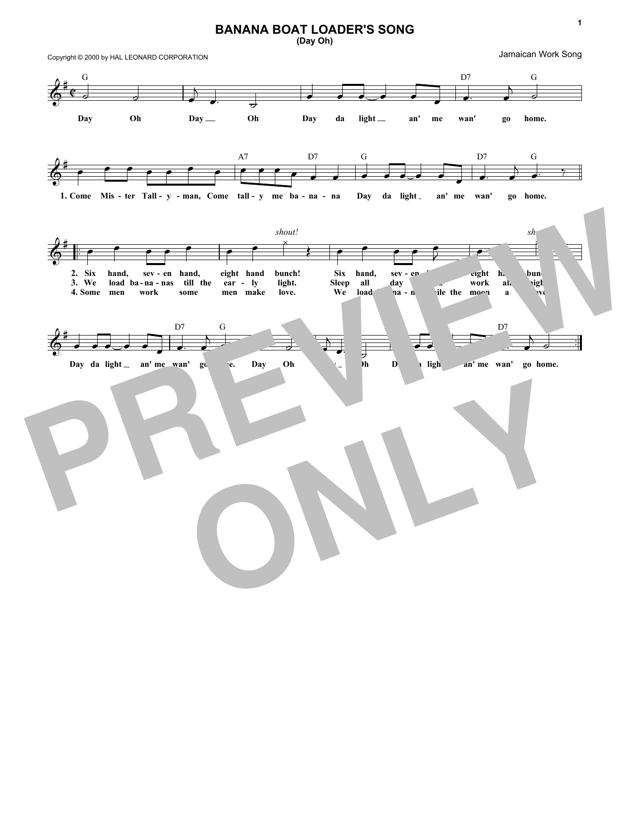 Download Jamaican Work Song The Banana Boat Song Sheet Music and learn how to play Melody Line, Lyrics & Chords PDF digital score in minutes