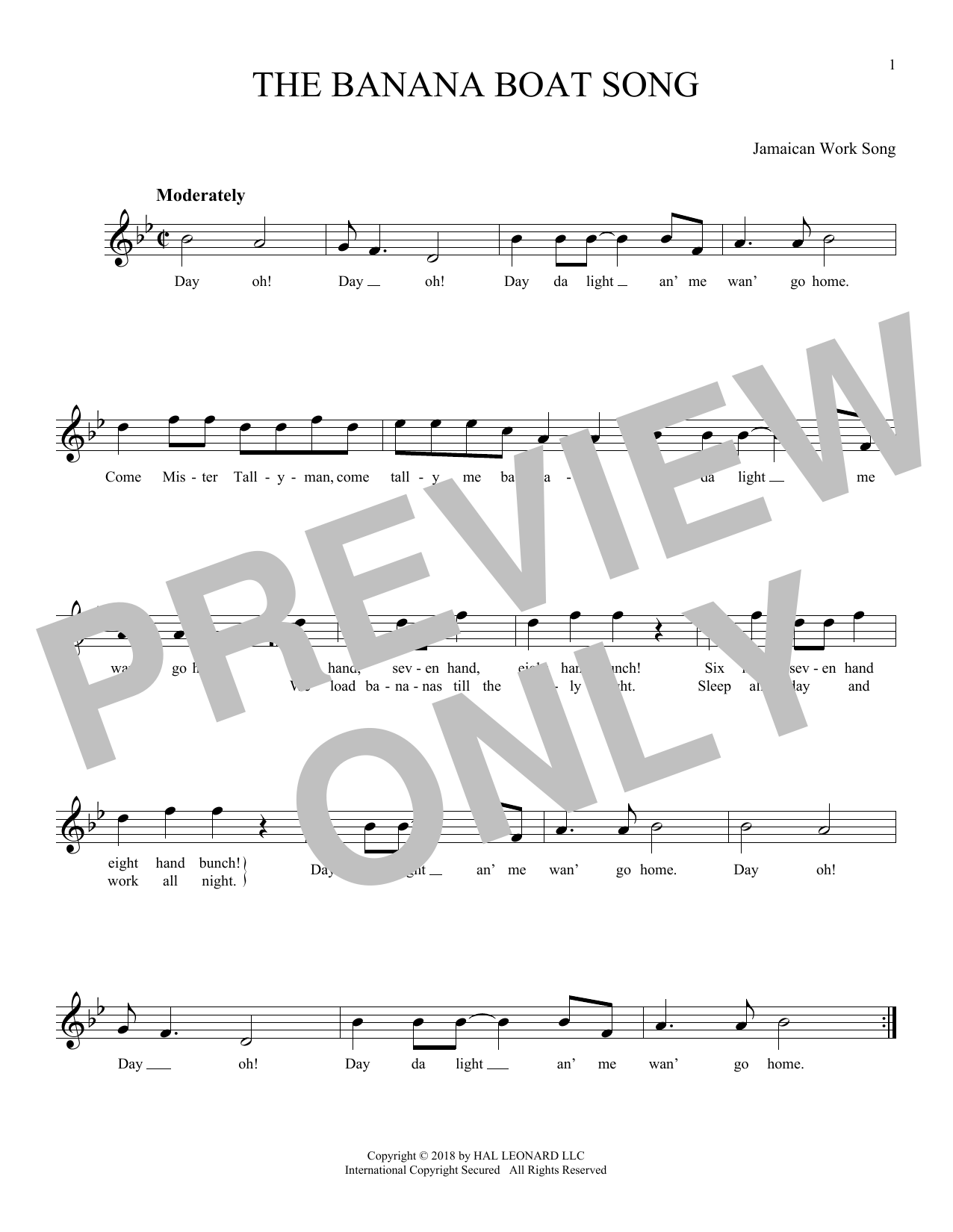 Jamaican Work Song "The Banana Boat Song" Sheet Music Notes Download