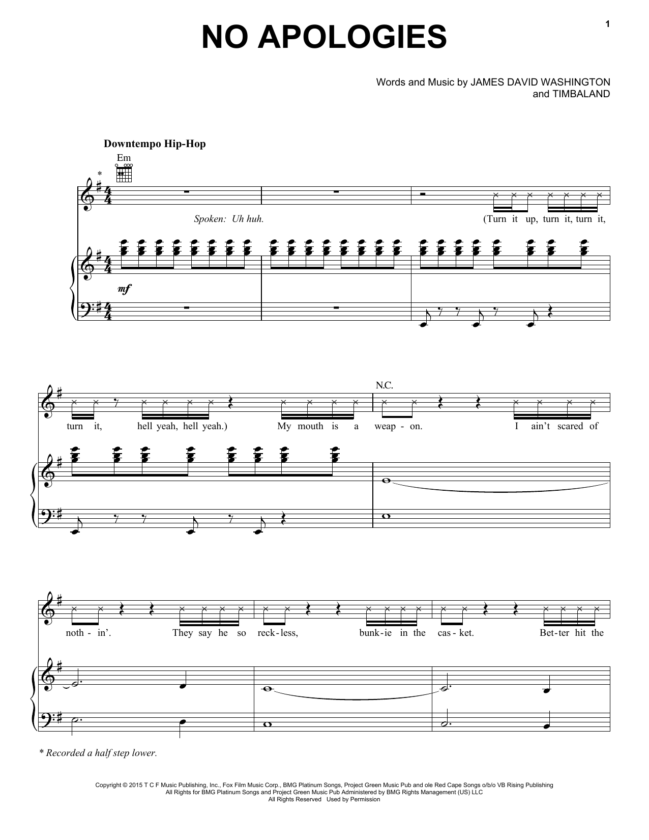 Download Jussie Smollett No Apologies (feat. Yazz) Sheet Music and learn how to play Piano, Vocal & Guitar (Right-Hand Melody) PDF digital score in minutes