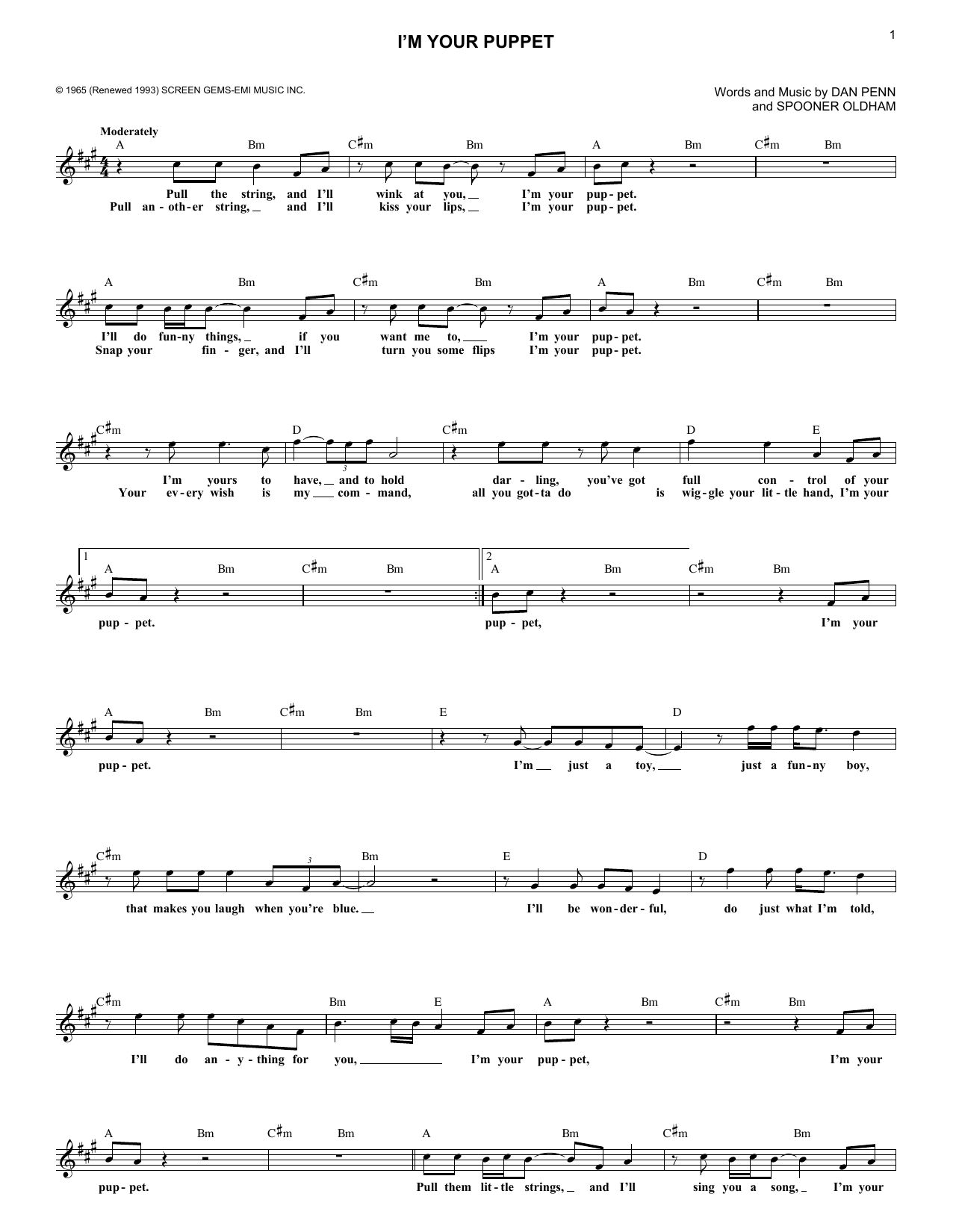 Download James & Bobby Purify I'm Your Puppet Sheet Music and learn how to play Melody Line, Lyrics & Chords PDF digital score in minutes