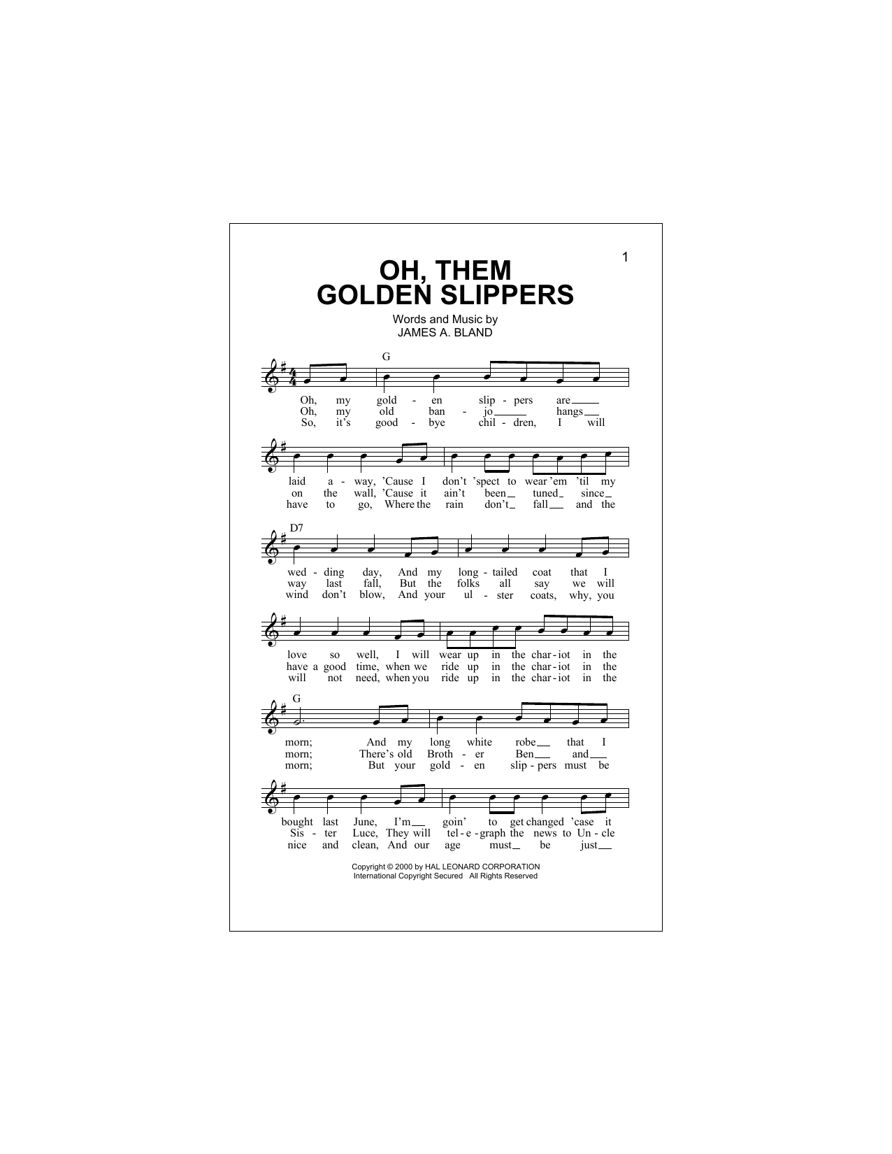 Download James A. Bland Oh, Them Golden Slippers Sheet Music and learn how to play Melody Line, Lyrics & Chords PDF digital score in minutes