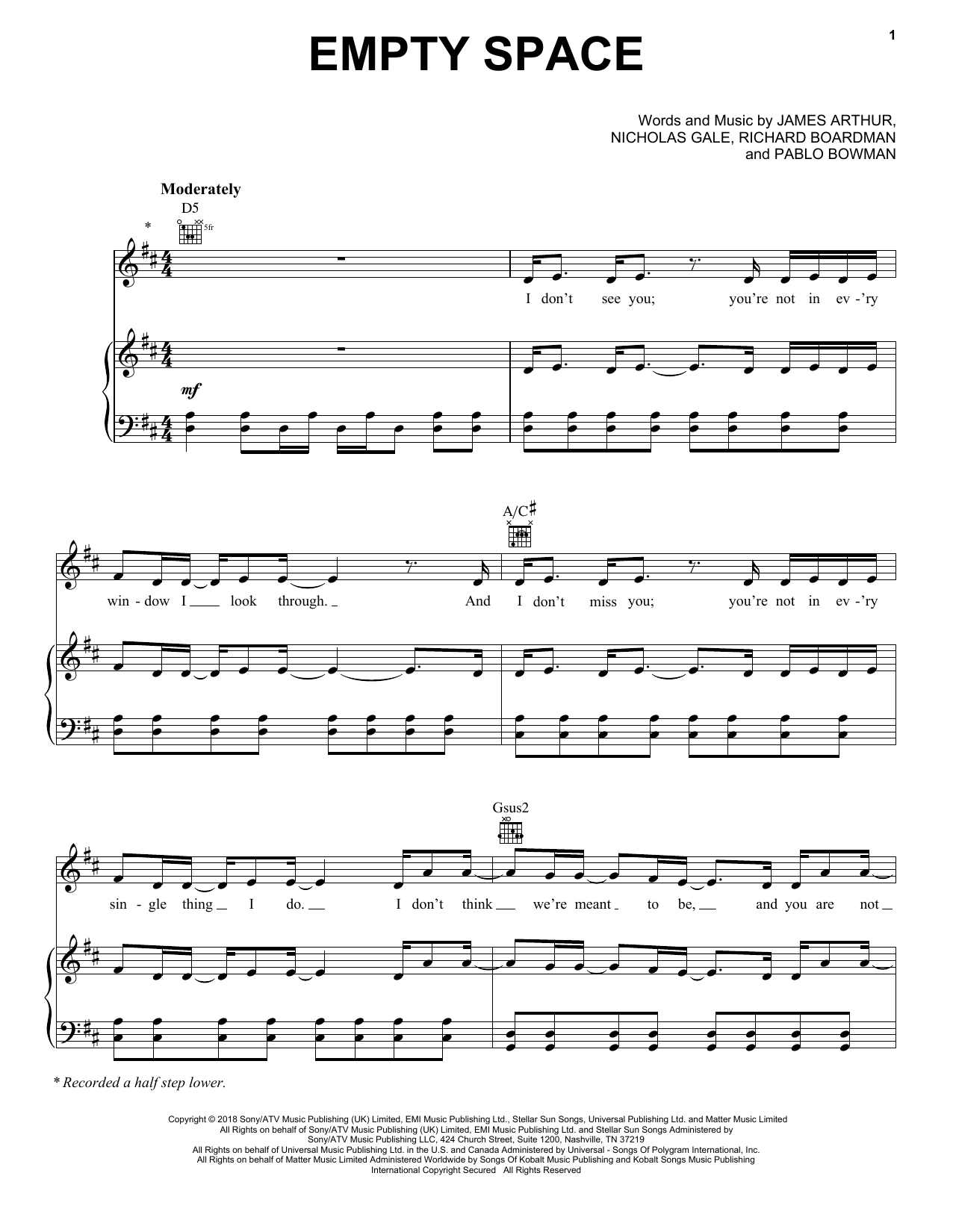 Download James Arthur Empty Space Sheet Music and learn how to play Piano, Vocal & Guitar Chords (Right-Hand Melody) PDF digital score in minutes