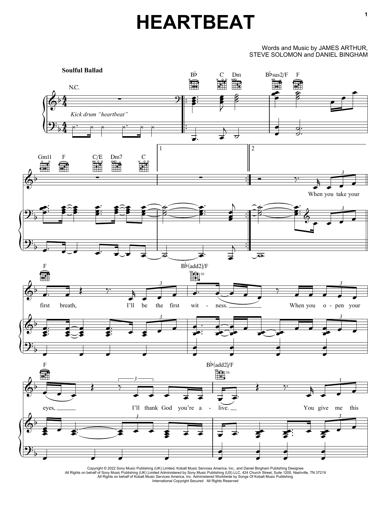 Download James Arthur Heartbeat Sheet Music and learn how to play Piano, Vocal & Guitar Chords (Right-Hand Melody) PDF digital score in minutes