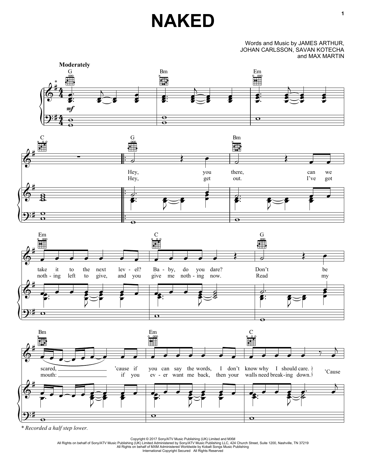 Download James Arthur Naked Sheet Music and learn how to play Piano, Vocal & Guitar (Right-Hand Melody) PDF digital score in minutes