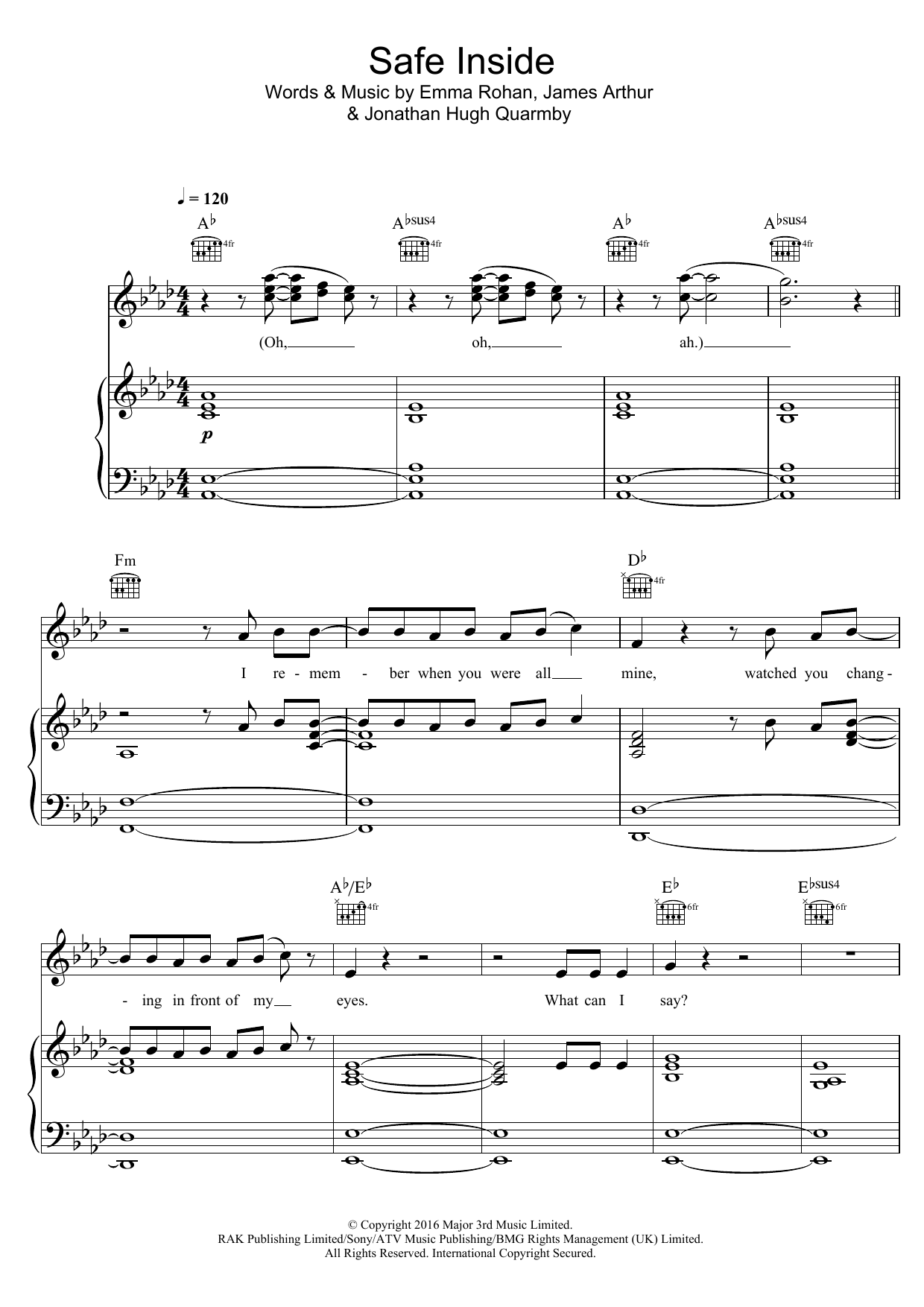 Download James Arthur Safe Inside Sheet Music and learn how to play Piano, Vocal & Guitar (Right-Hand Melody) PDF digital score in minutes