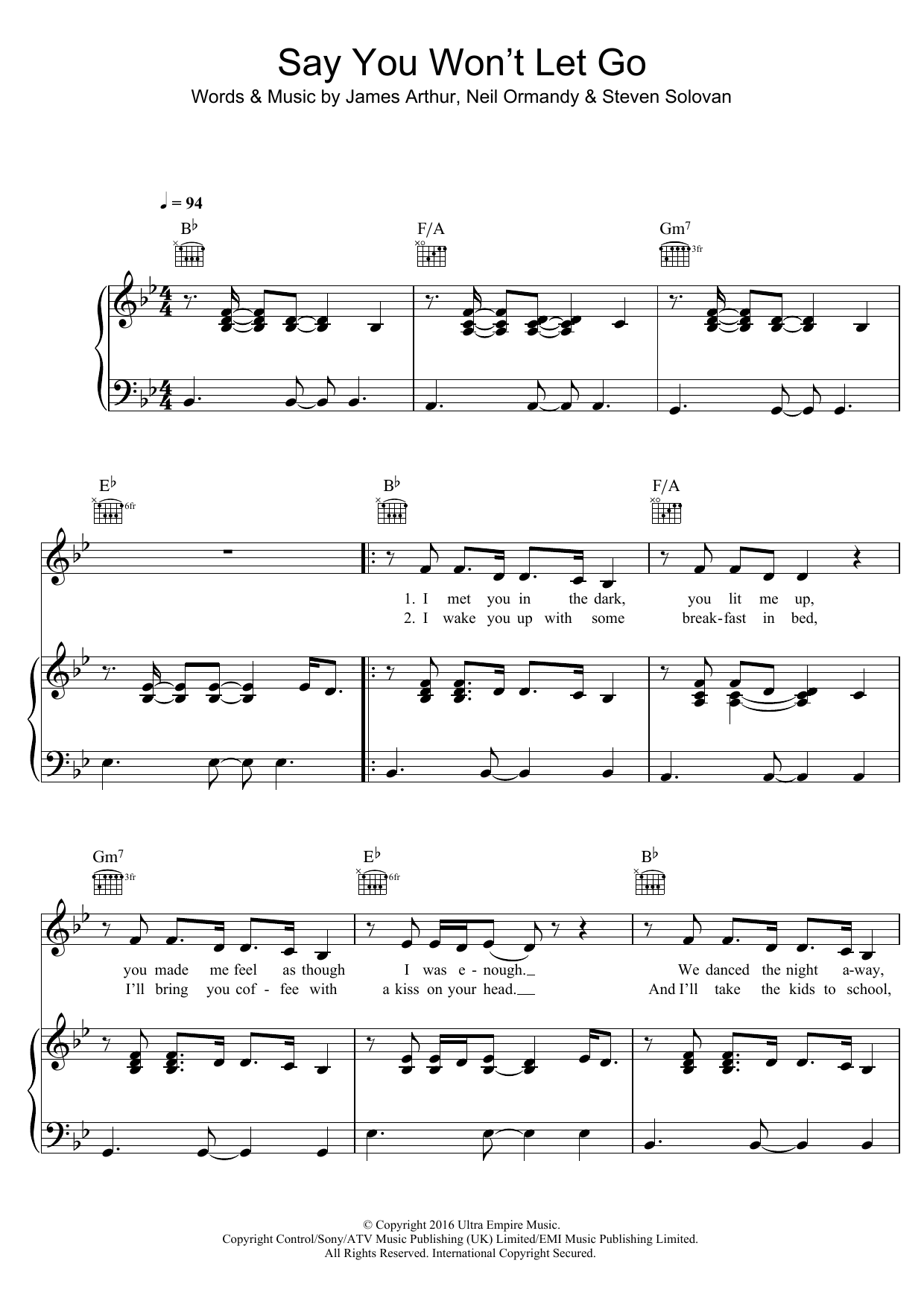 Download James Arthur Say You Won't Let Go Sheet Music and learn how to play Piano (Big Notes) PDF digital score in minutes