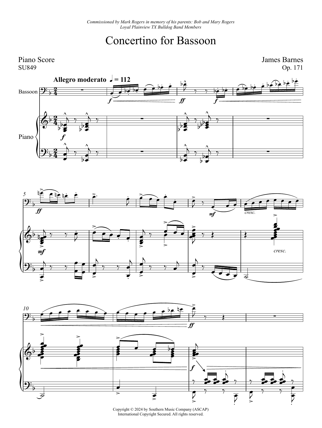 Download James Barnes Concertino for Bassoon (Solo / Piano Reduction) Sheet Music and learn how to play Woodwind Solo PDF digital score in minutes