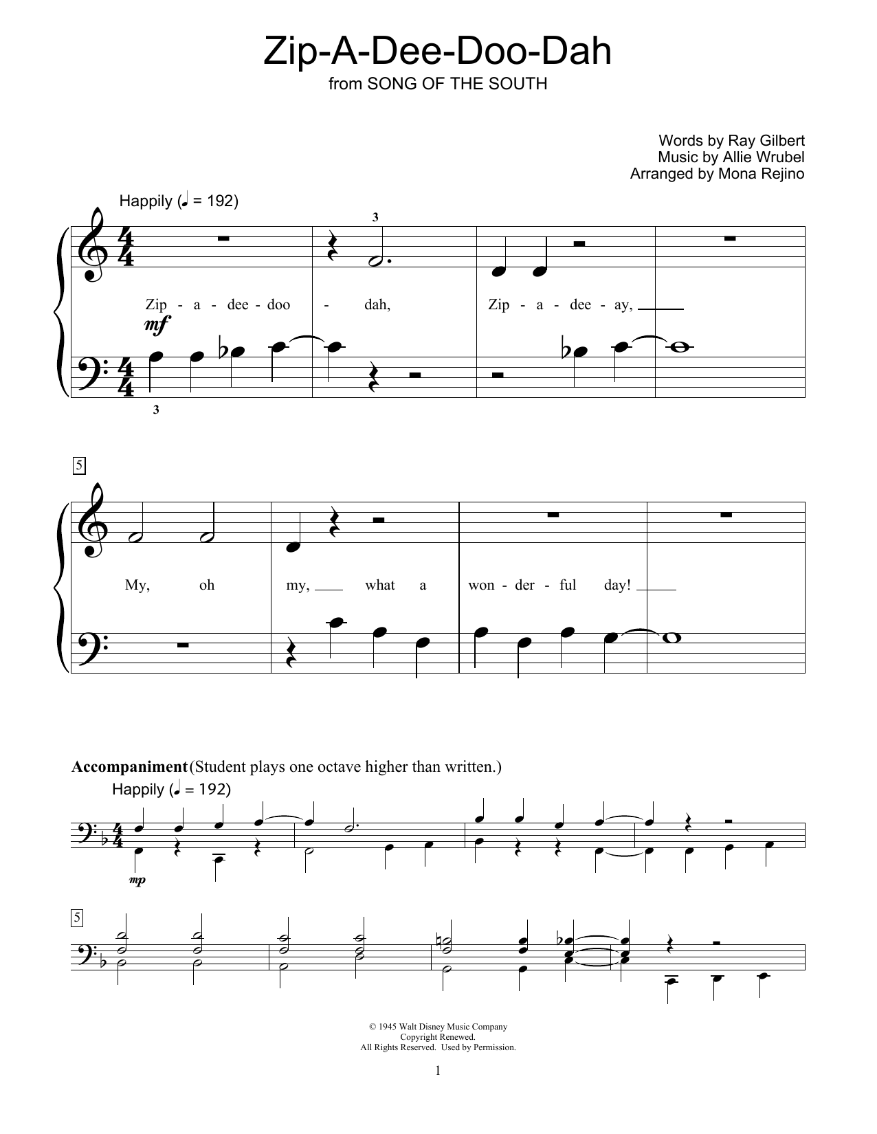 Download Ray Gilbert Zip-A-Dee-Doo-Dah (arr. Mona Rejino) Sheet Music and learn how to play Educational Piano PDF digital score in minutes