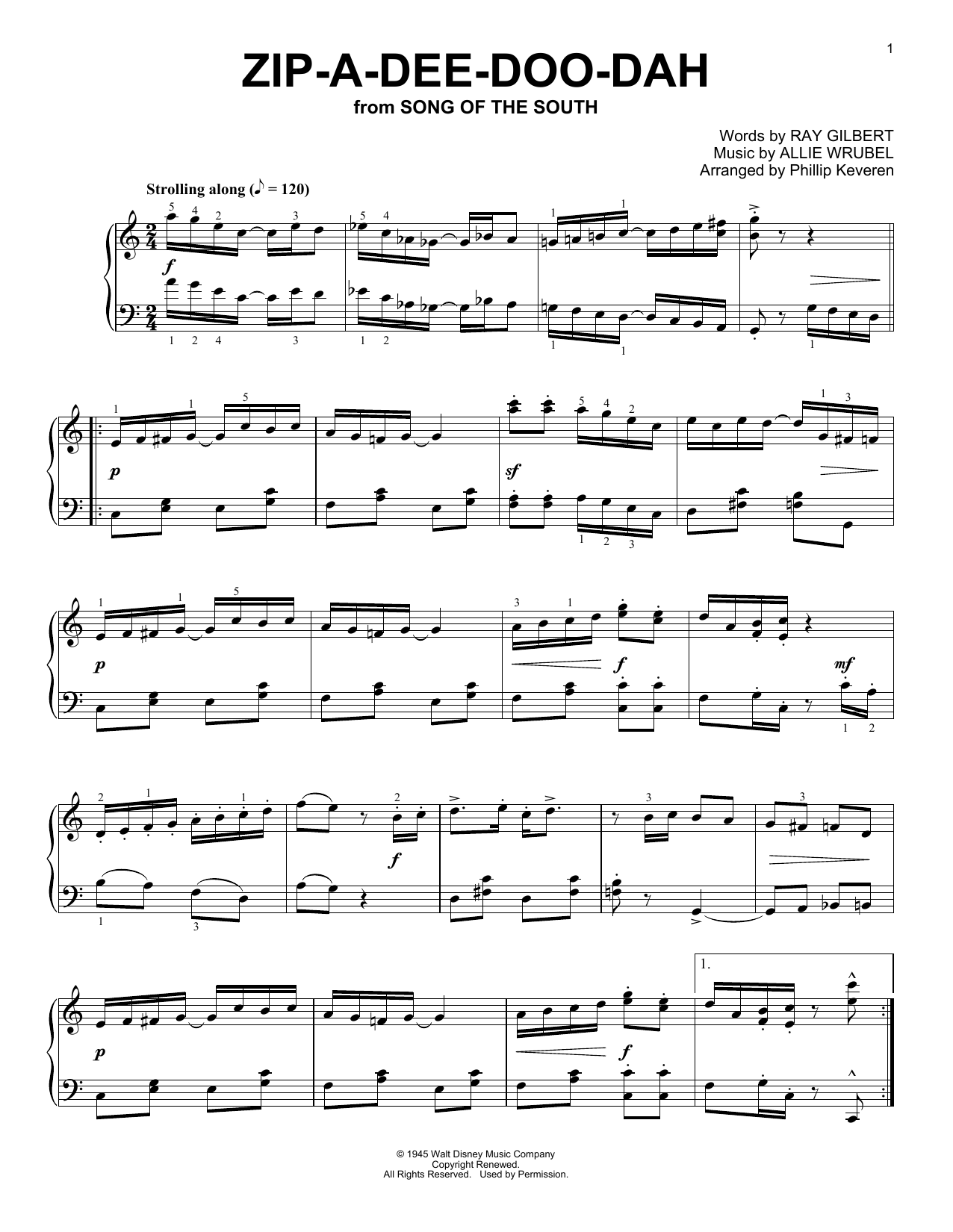 Download Phillip Keveren Zip-A-Dee-Doo-Dah Sheet Music and learn how to play Piano PDF digital score in minutes
