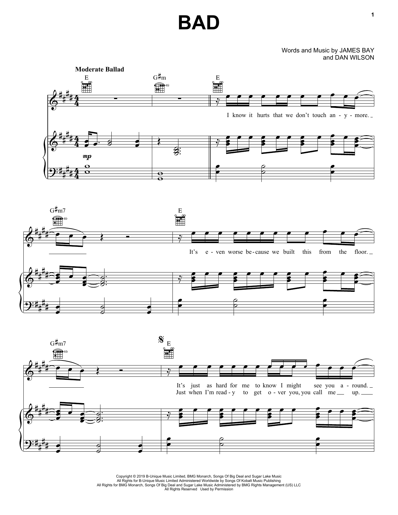 Download James Bay Bad Sheet Music and learn how to play Piano, Vocal & Guitar Chords (Right-Hand Melody) PDF digital score in minutes