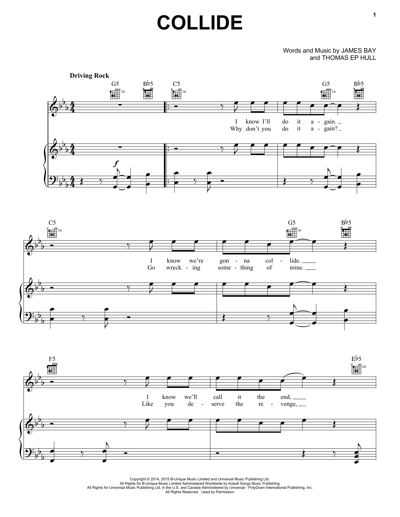 Download James Bay Collide Sheet Music and learn how to play Piano, Vocal & Guitar (Right-Hand Melody) PDF digital score in minutes