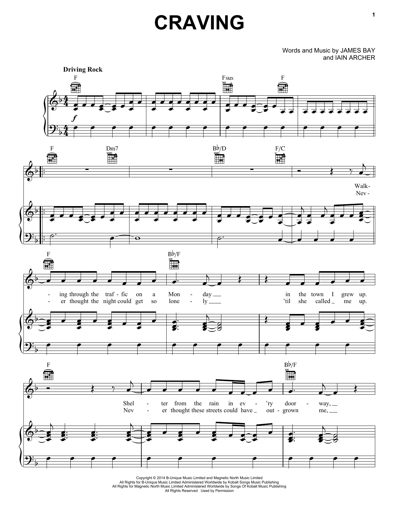 Download James Bay Craving Sheet Music and learn how to play Piano, Vocal & Guitar (Right-Hand Melody) PDF digital score in minutes