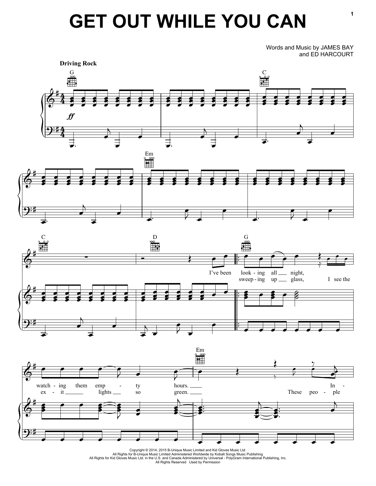 Download James Bay Get Out While You Can Sheet Music and learn how to play Piano, Vocal & Guitar (Right-Hand Melody) PDF digital score in minutes