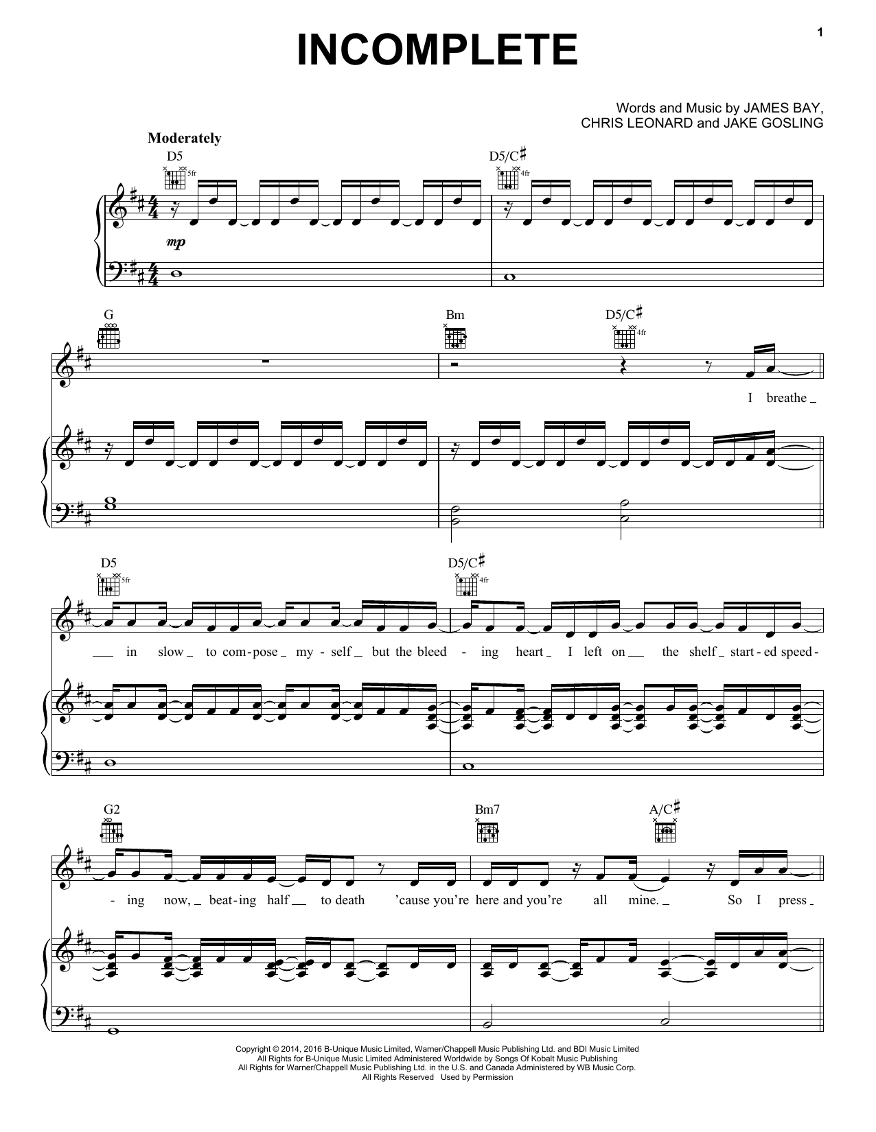 Download James Bay Incomplete Sheet Music and learn how to play Piano, Vocal & Guitar (Right-Hand Melody) PDF digital score in minutes