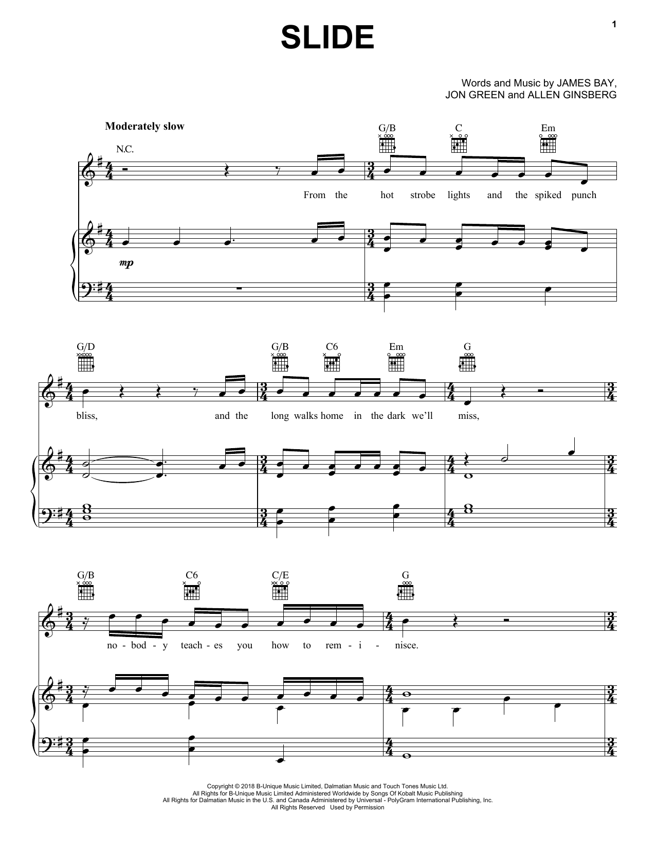 Download James Bay Slide Sheet Music and learn how to play Piano, Vocal & Guitar (Right-Hand Melody) PDF digital score in minutes