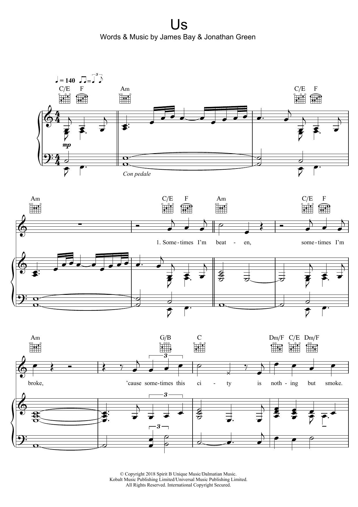 Download James Bay Us Sheet Music and learn how to play Piano, Vocal & Guitar (Right-Hand Melody) PDF digital score in minutes