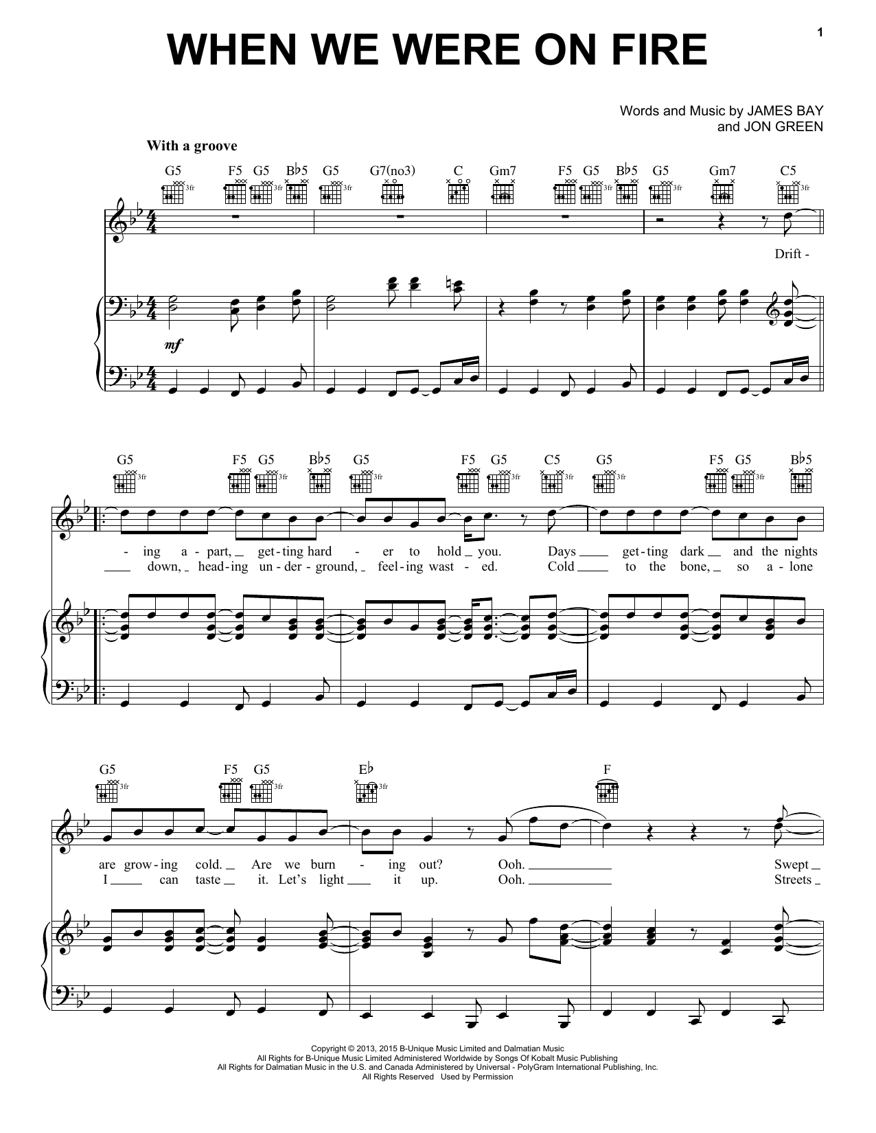 Download James Bay When We Were On Fire Sheet Music and learn how to play Piano, Vocal & Guitar (Right-Hand Melody) PDF digital score in minutes