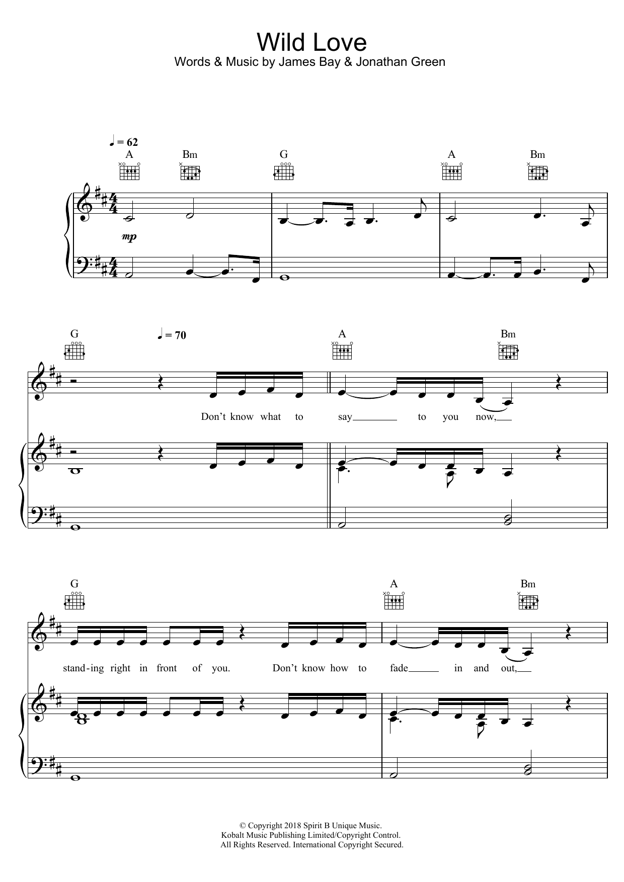 Download James Bay Wild Love Sheet Music and learn how to play Piano, Vocal & Guitar (Right-Hand Melody) PDF digital score in minutes